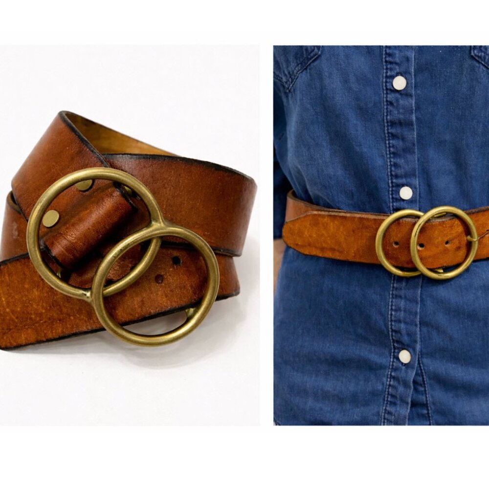 Tan Leather Belt with Gold Brass Buckle, Western Vintage Brown, Adjustable Size